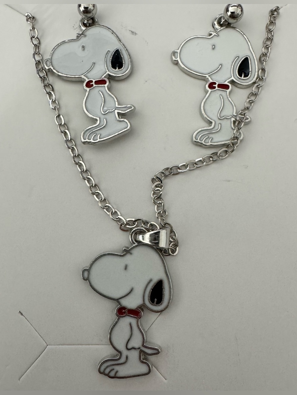 Snoopy Pendant Necklace and Earring Set - White and Red Accents enamel